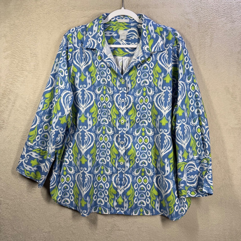 Chico's Button Down Women 20 Blue Non-Iron Chic Stretch Ikat Paisley Print Shirt